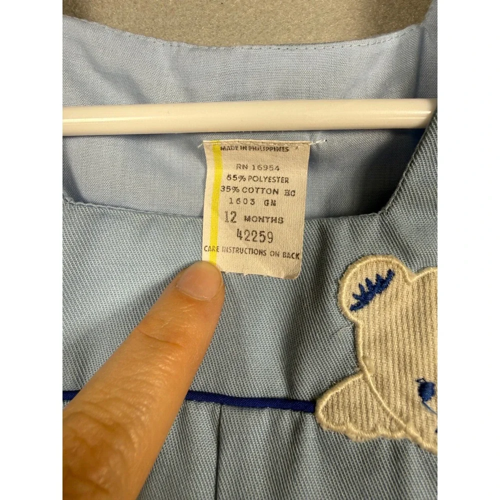 Vintage Baby Boy Blue Gingham Shirt and Fishing Bear Embroidered Romper Set 12M